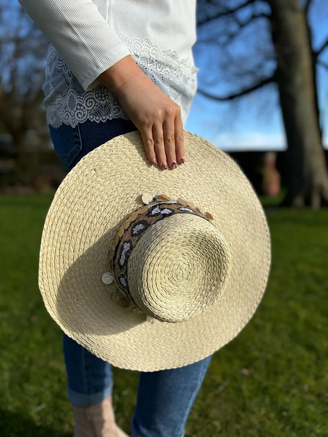 Stone Sequin Woven Sun Hat