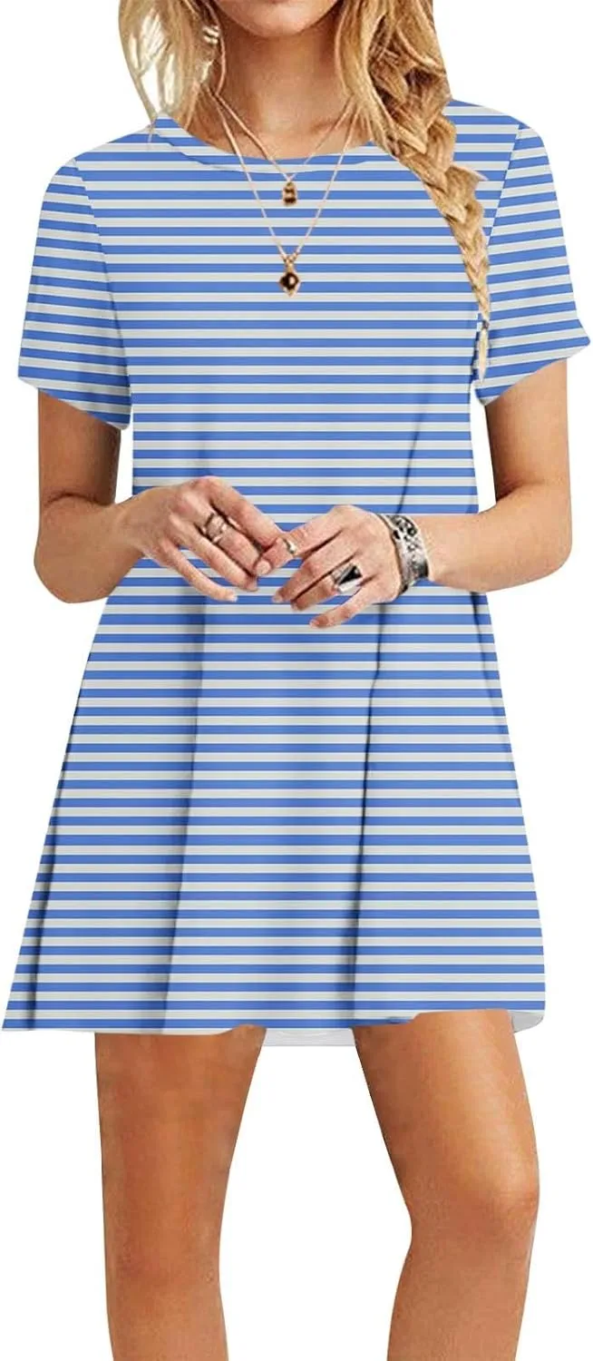 Striped T Shirt Dress for Women Summer Short Sleeve Dress Crew Neck Loose Dress Trendy Casal Dress Sun Beach Dress