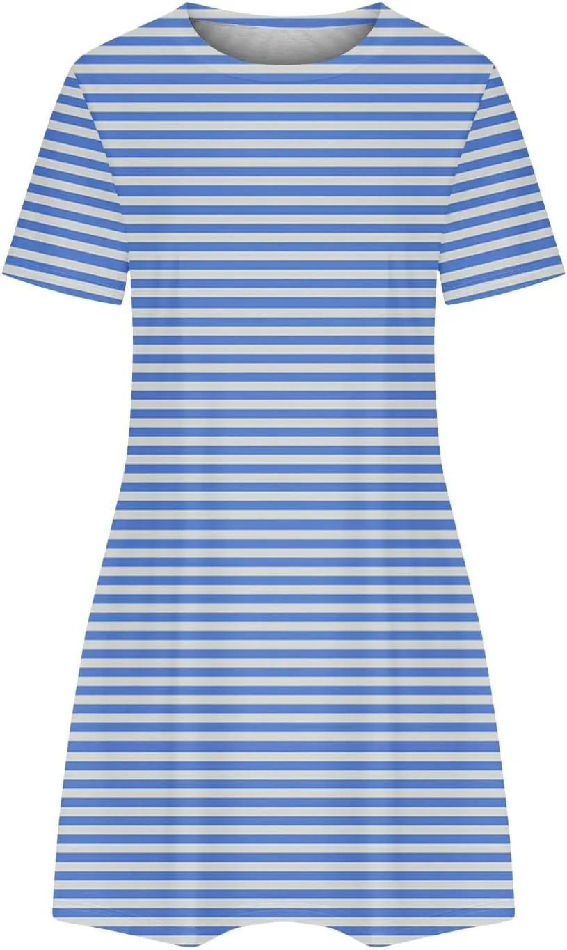 Striped T Shirt Dress for Women Summer Short Sleeve Dress Crew Neck Loose Dress Trendy Casal Dress Sun Beach Dress