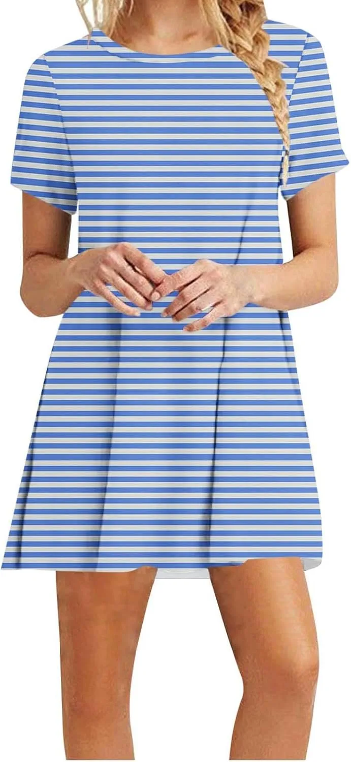 Striped T Shirt Dress for Women Summer Short Sleeve Dress Crew Neck Loose Dress Trendy Casal Dress Sun Beach Dress