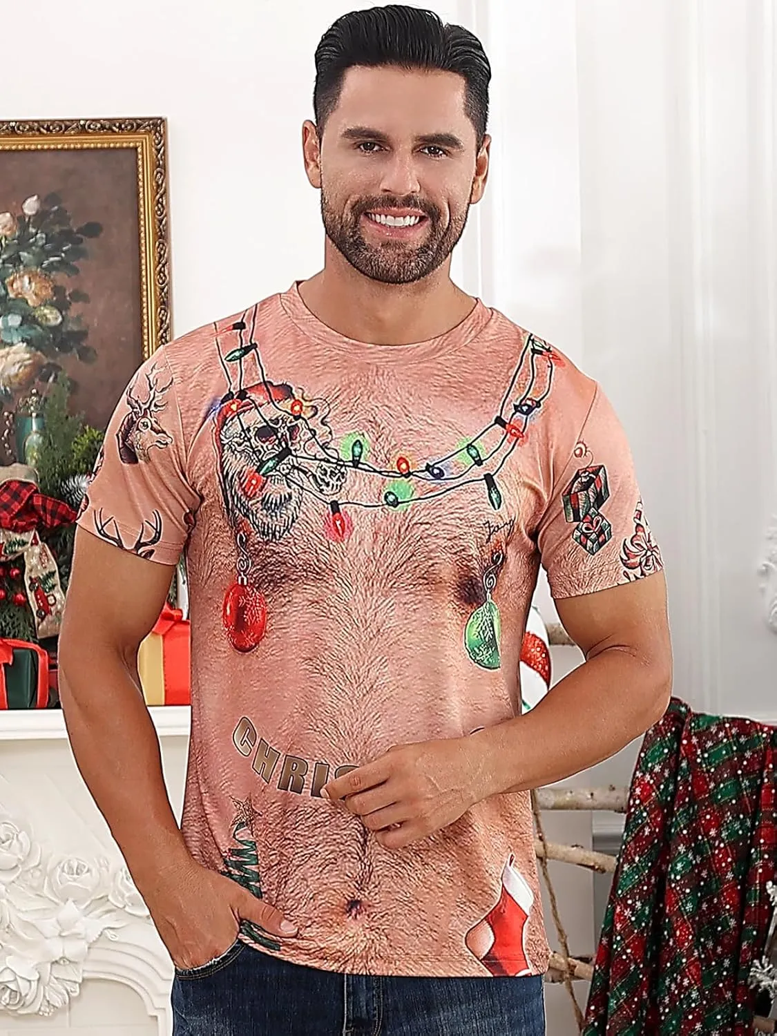 uideazone Men's Ugly Christmas T-Shirts Funny Holiday Short Sleeve Graphic Tees S-XXL