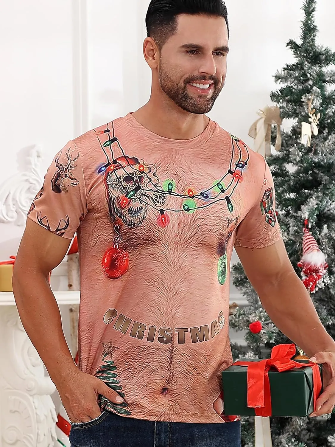 uideazone Men's Ugly Christmas T-Shirts Funny Holiday Short Sleeve Graphic Tees S-XXL