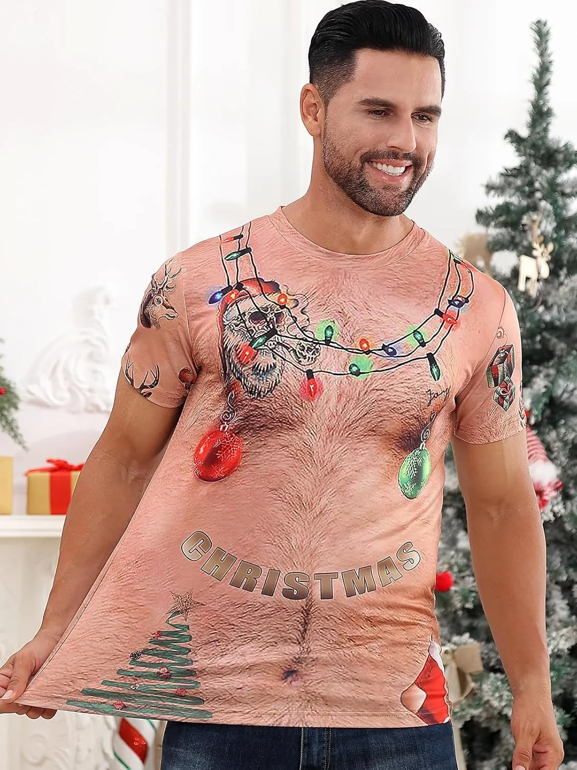 uideazone Men's Ugly Christmas T-Shirts Funny Holiday Short Sleeve Graphic Tees S-XXL