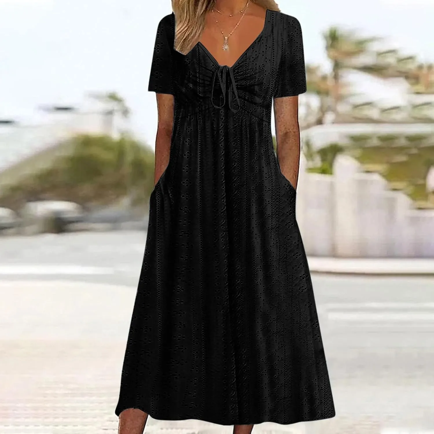 V Neck Midi Dress for Women Summer Long Dresses with Pockets T Shirt Loose Casual Dress Everyday Trendy Dresses