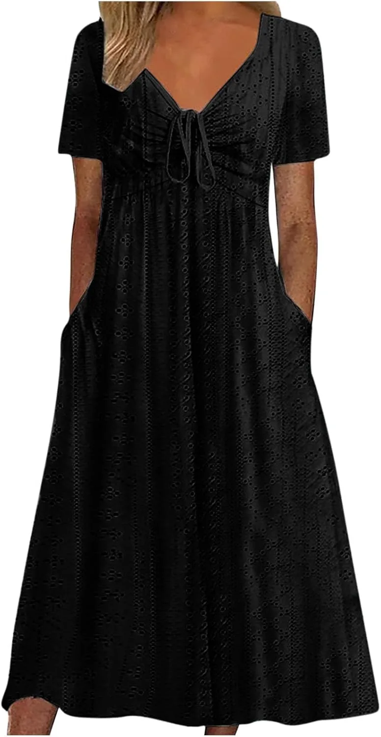 V Neck Midi Dress for Women Summer Long Dresses with Pockets T Shirt Loose Casual Dress Everyday Trendy Dresses