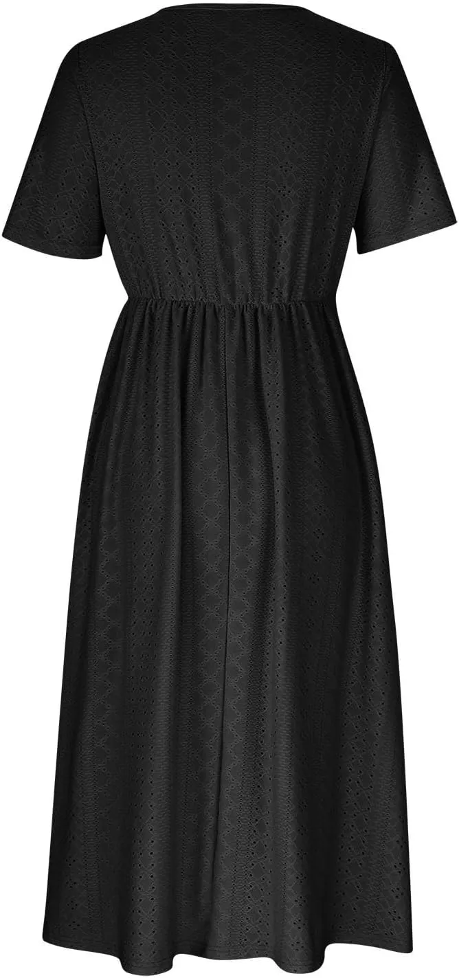 V Neck Midi Dress for Women Summer Long Dresses with Pockets T Shirt Loose Casual Dress Everyday Trendy Dresses