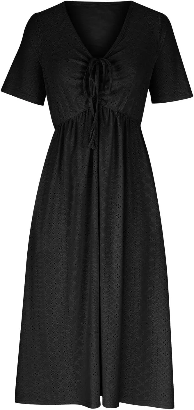 V Neck Midi Dress for Women Summer Long Dresses with Pockets T Shirt Loose Casual Dress Everyday Trendy Dresses
