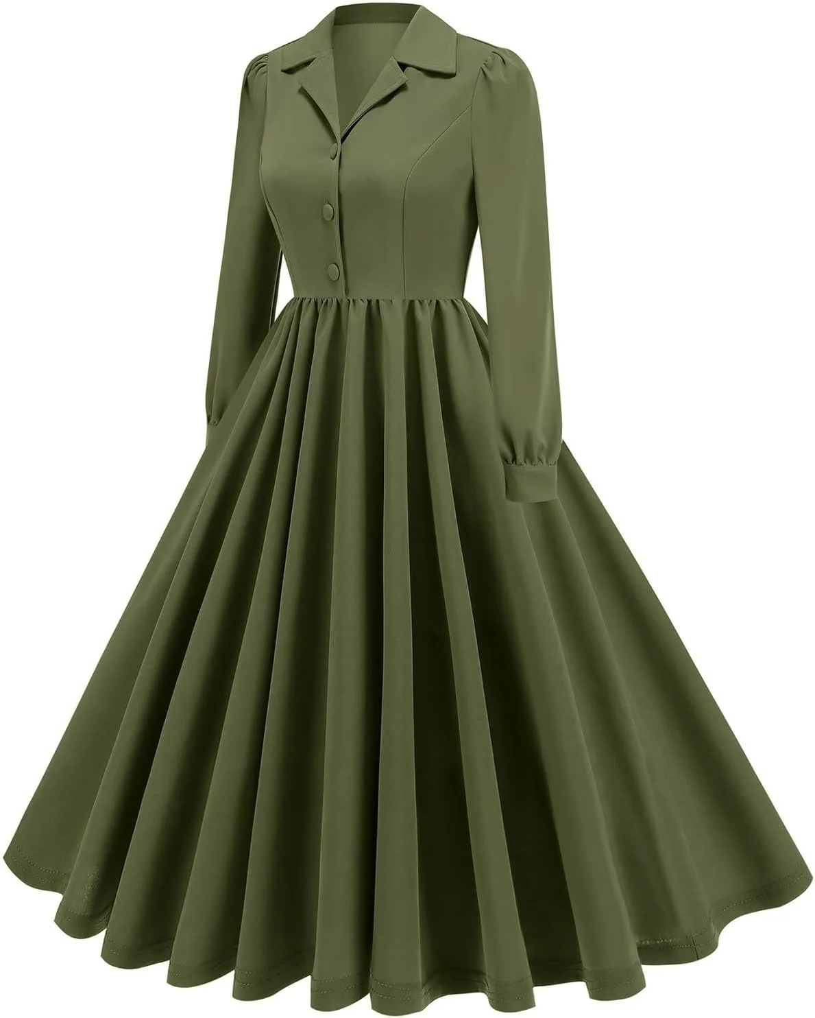 Vintage A-Line Dress for Women Notch Lapel Collar Button Down Dress Elegant Pleated Long Sleeve Solid Maxi Dress