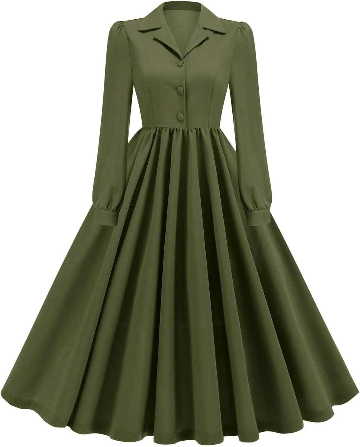 Vintage A-Line Dress for Women Notch Lapel Collar Button Down Dress Elegant Pleated Long Sleeve Solid Maxi Dress