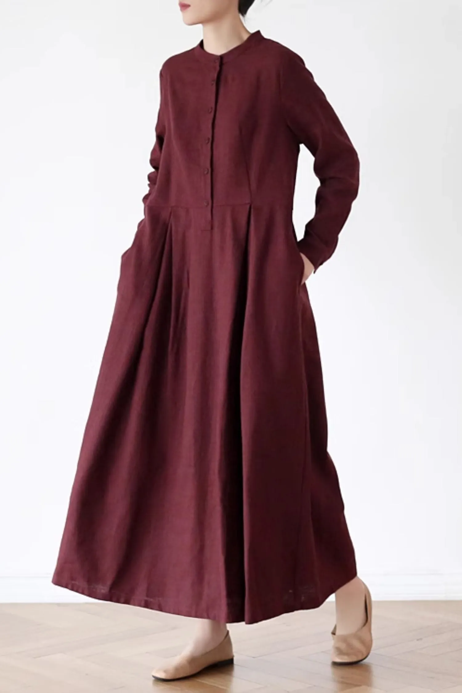 Vintage inspired long sleeves linen dress women 4825