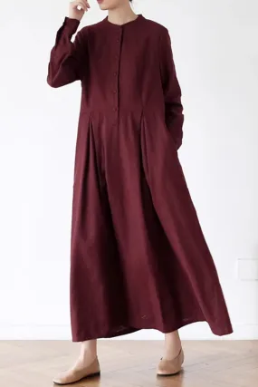 Vintage inspired long sleeves linen dress women 4825