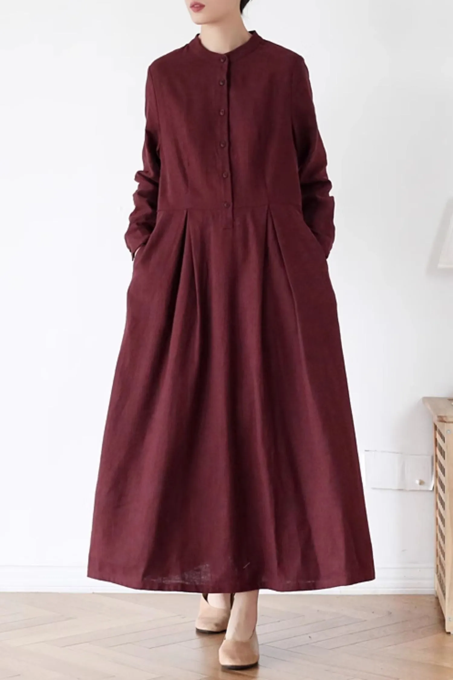 Vintage inspired long sleeves linen dress women 4825
