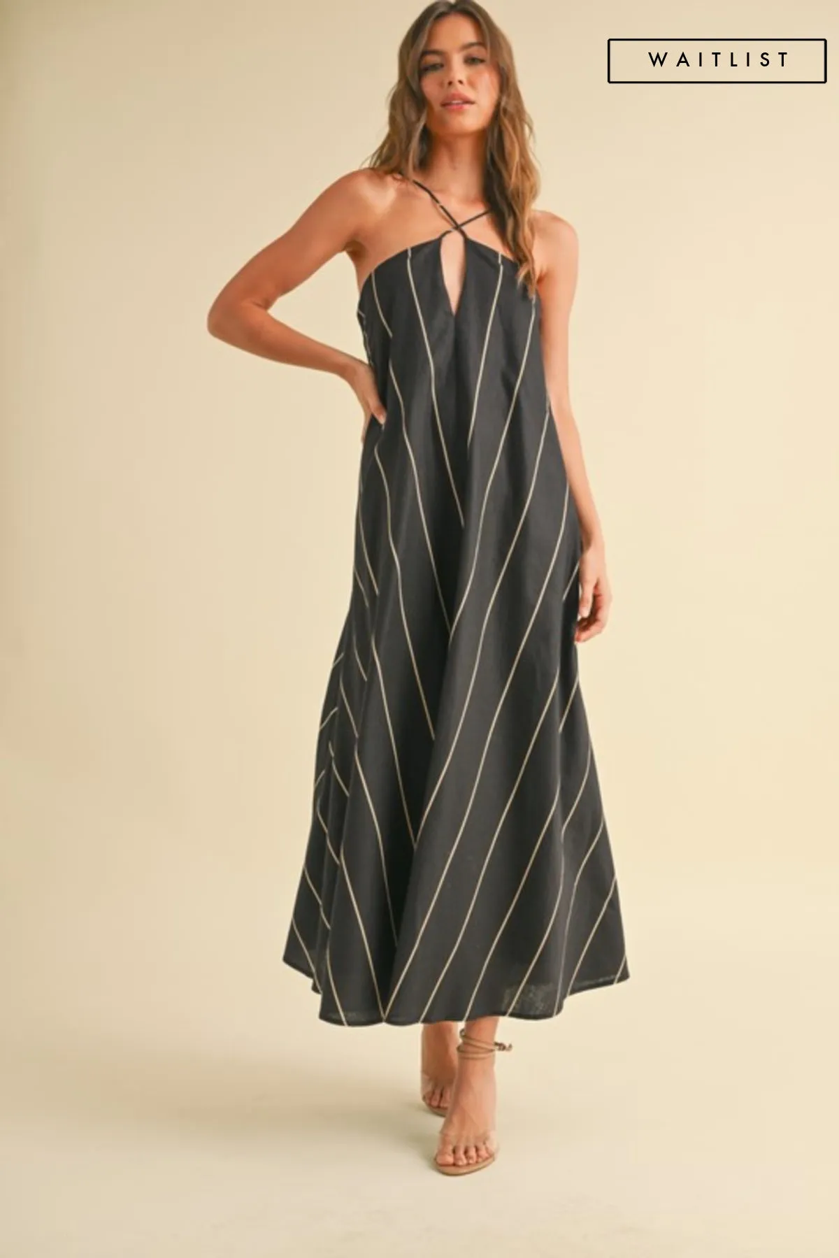 Waitlist 4/20 ♥ Aubrey Sleeveless Adjustable Tie Stripe Print Maxi Dress Black