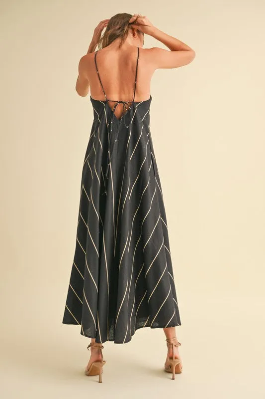 Waitlist 4/20 ♥ Aubrey Sleeveless Adjustable Tie Stripe Print Maxi Dress Black
