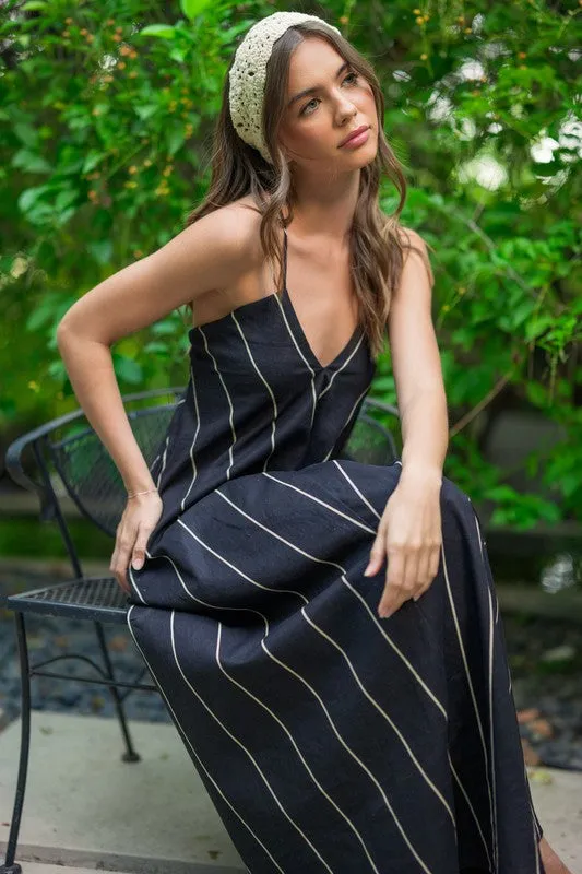 Waitlist 4/20 ♥ Aubrey Sleeveless Adjustable Tie Stripe Print Maxi Dress Black