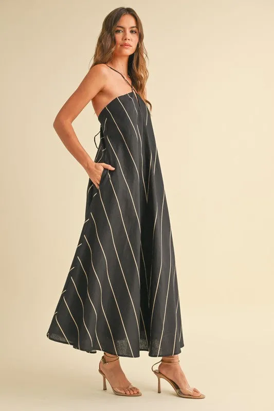 Waitlist 4/20 ♥ Aubrey Sleeveless Adjustable Tie Stripe Print Maxi Dress Black