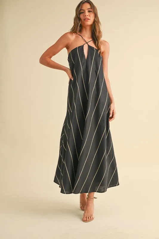 Waitlist 4/20 ♥ Aubrey Sleeveless Adjustable Tie Stripe Print Maxi Dress Black