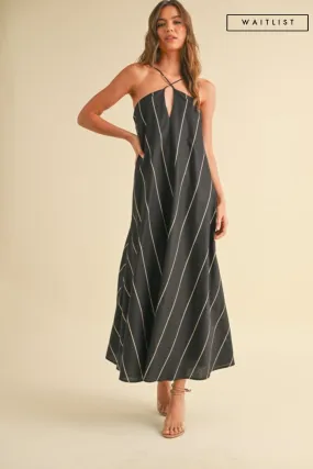 Waitlist 4/20 ♥ Aubrey Sleeveless Adjustable Tie Stripe Print Maxi Dress Black