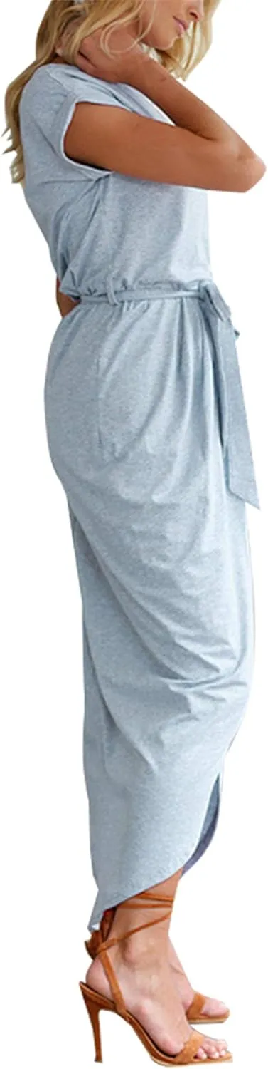 WIWIQS Women's Casual Short Sleeve Slit Dress Summer Solid Party Long Maxi Dress Knee Length Dress