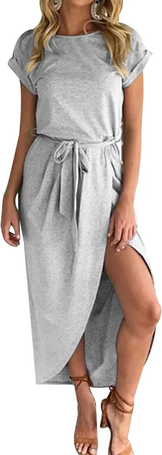 WIWIQS Women's Casual Short Sleeve Slit Dress Summer Solid Party Long Maxi Dress Knee Length Dress