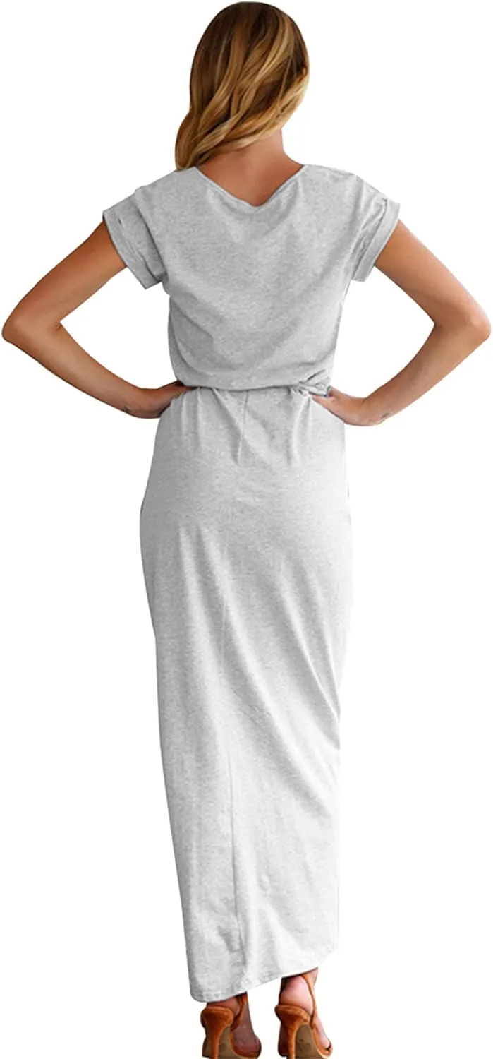 WIWIQS Women's Casual Short Sleeve Slit Dress Summer Solid Party Long Maxi Dress Knee Length Dress