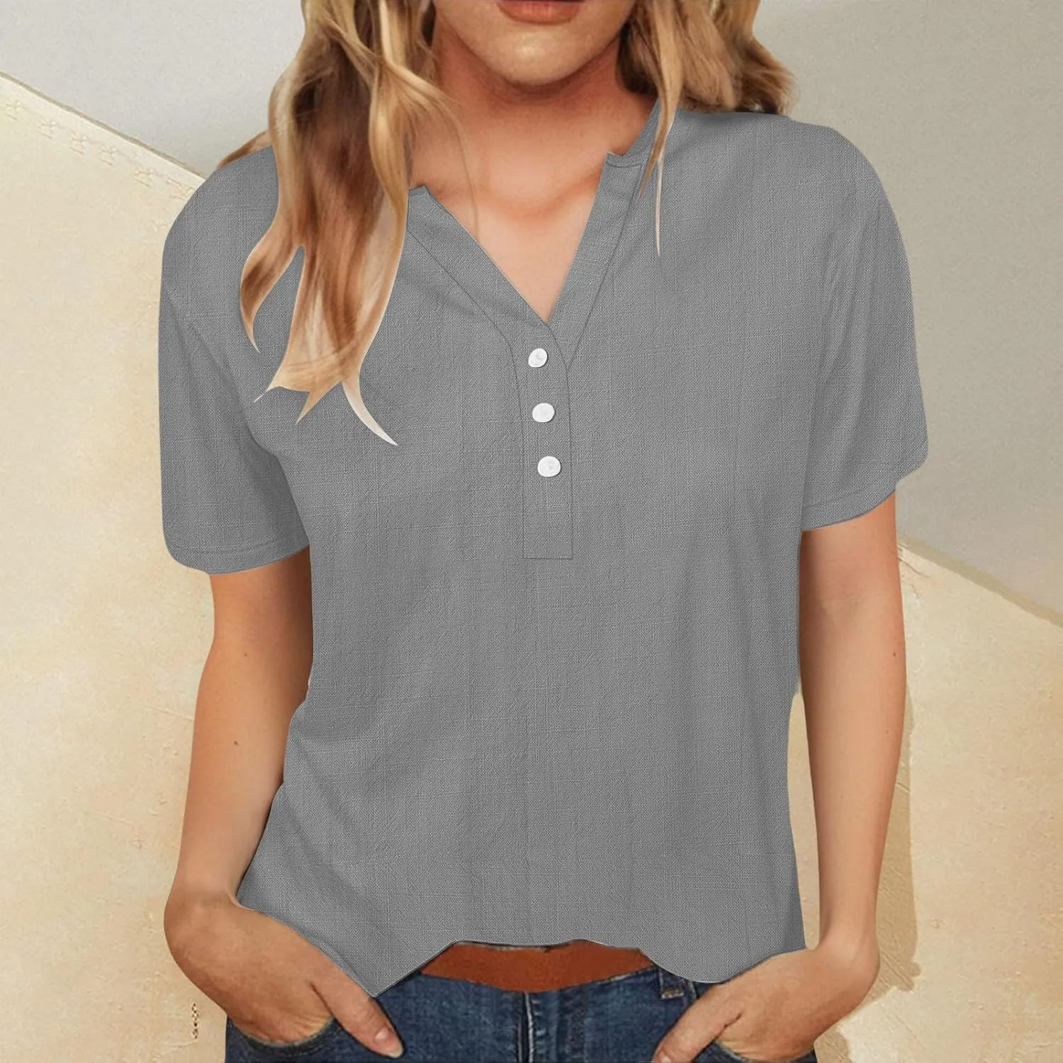 Women Cotton Linen T-Shirt Henley Shirts Casual V Neck Short Sleeve Summer Loose Tops Lightweight Breathable Tees