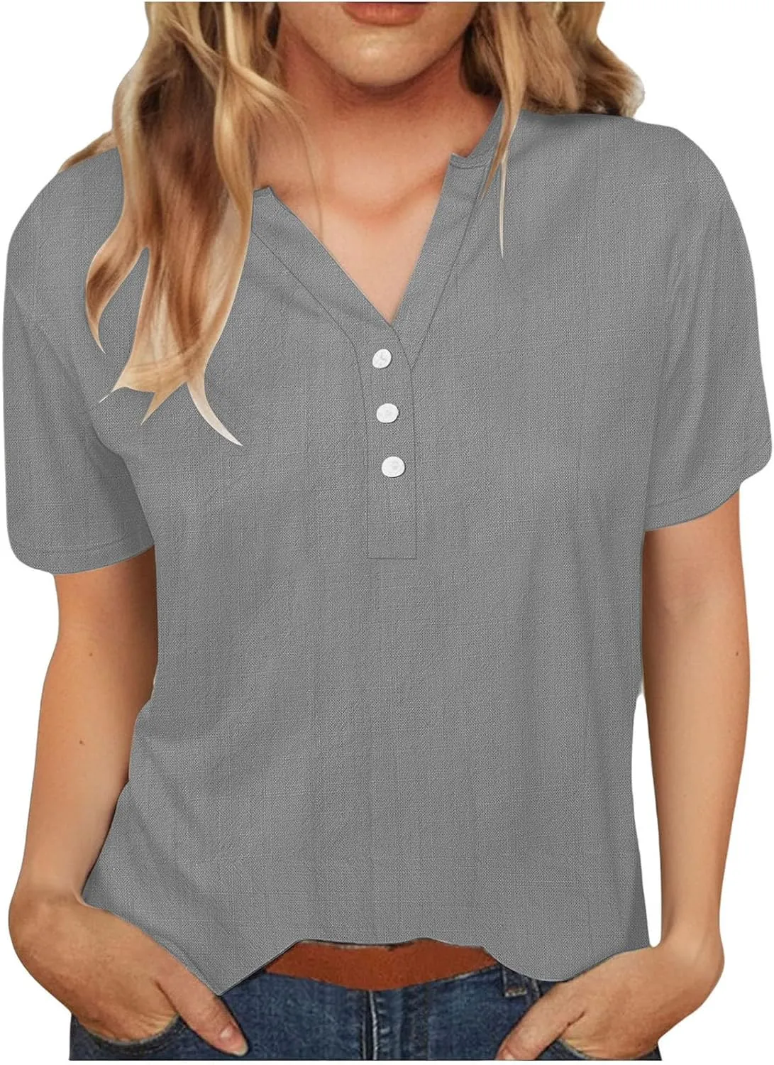 Women Cotton Linen T-Shirt Henley Shirts Casual V Neck Short Sleeve Summer Loose Tops Lightweight Breathable Tees