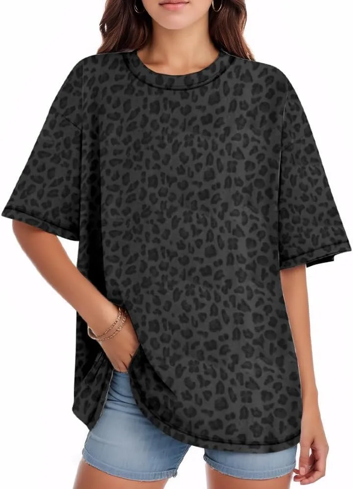 Women Oversized Leopard Print T Shirt Casual Baggy Loose Short Sleeve Round Neck Cheetah Tee Top Blouse Outfits