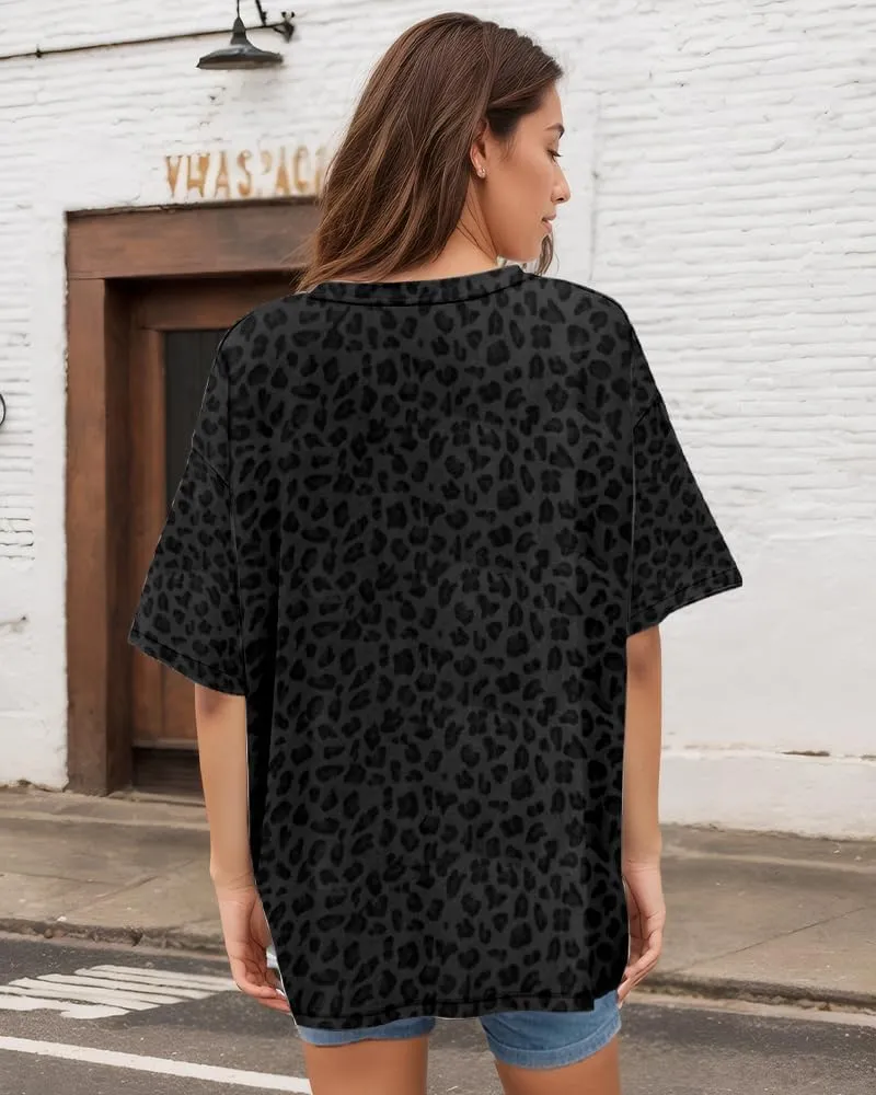 Women Oversized Leopard Print T Shirt Casual Baggy Loose Short Sleeve Round Neck Cheetah Tee Top Blouse Outfits
