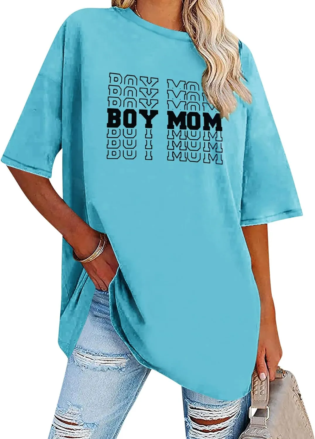 Women Oversized T-Shirt Boy Mom Letter Print Short Sleeve Mid-Length Mama Tee Shirt