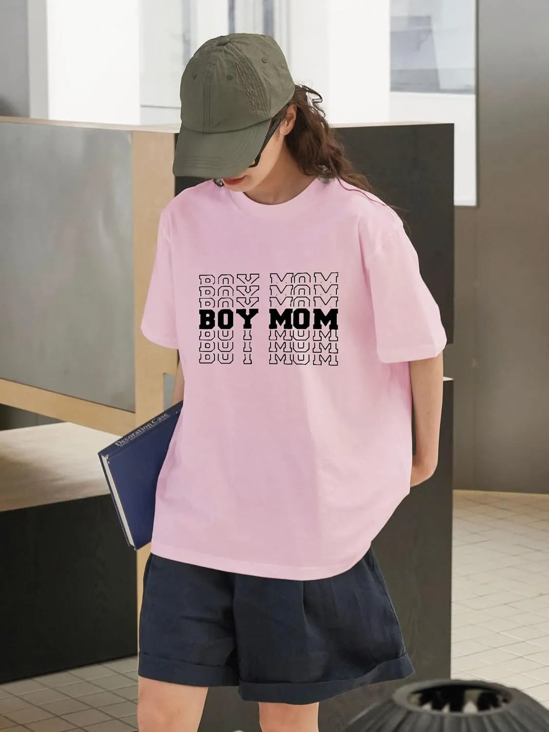 Women Oversized T-Shirt Boy Mom Letter Print Short Sleeve Mid-Length Mama Tee Shirt