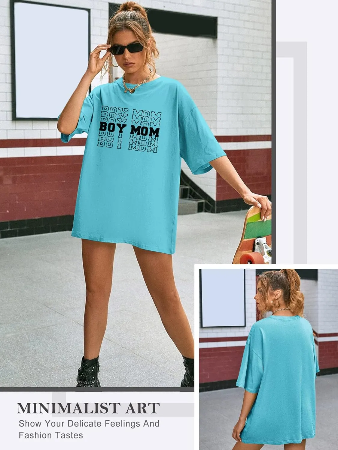 Women Oversized T-Shirt Boy Mom Letter Print Short Sleeve Mid-Length Mama Tee Shirt