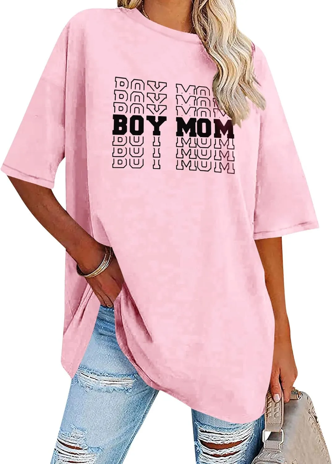 Women Oversized T-Shirt Boy Mom Letter Print Short Sleeve Mid-Length Mama Tee Shirt