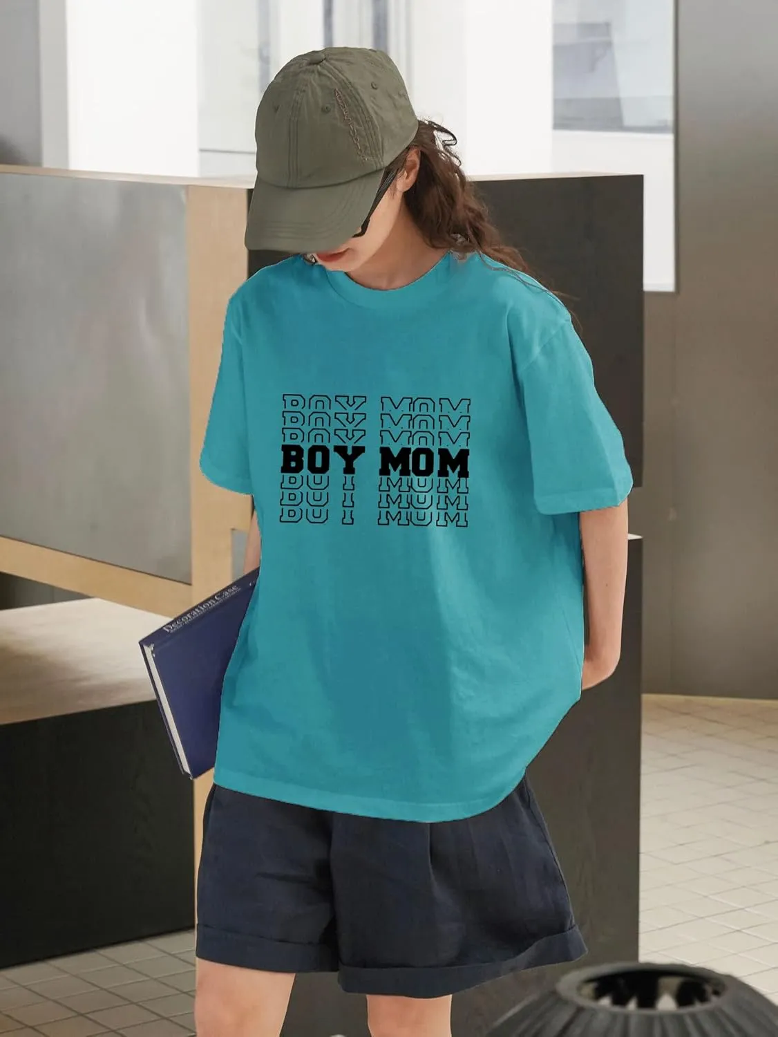 Women Oversized T-Shirt Boy Mom Letter Print Short Sleeve Mid-Length Mama Tee Shirt