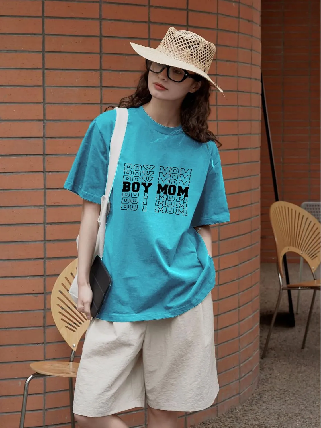 Women Oversized T-Shirt Boy Mom Letter Print Short Sleeve Mid-Length Mama Tee Shirt