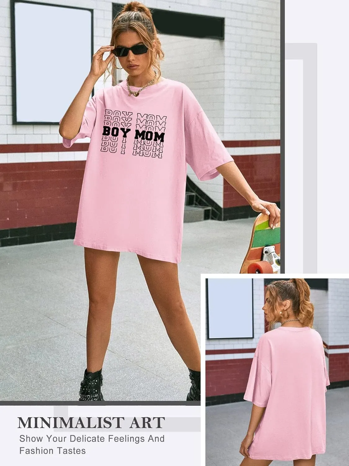 Women Oversized T-Shirt Boy Mom Letter Print Short Sleeve Mid-Length Mama Tee Shirt