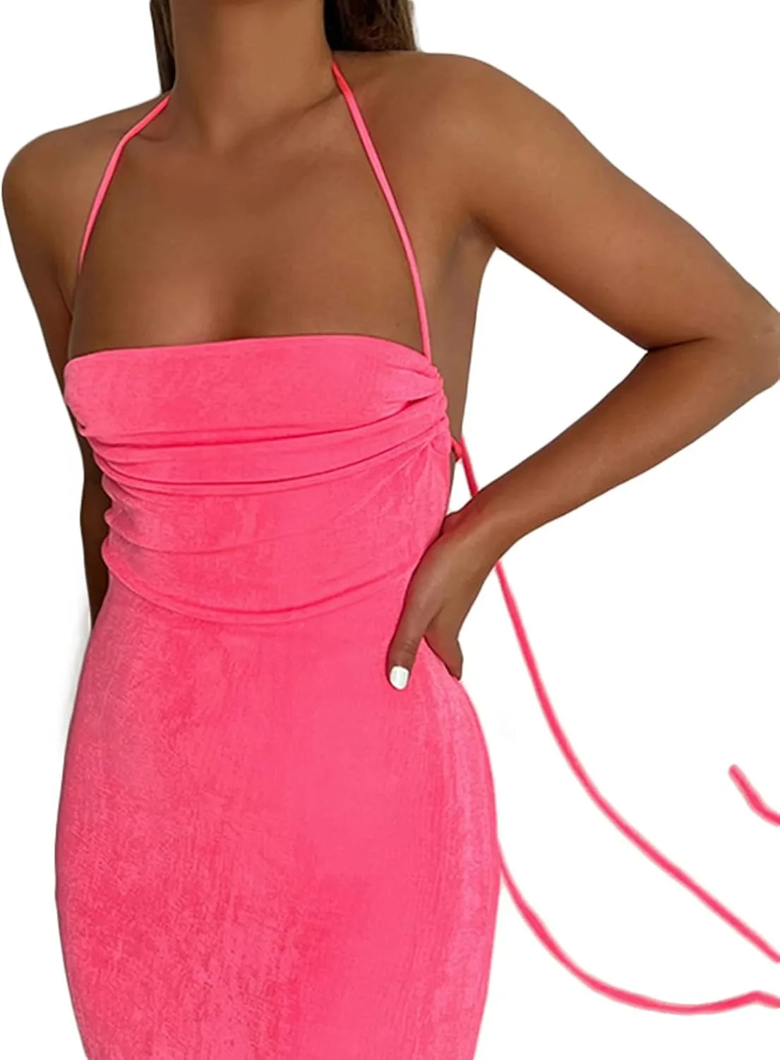 Women Sexy Spaghetti Strap Backless Maxi Dress Lace Up Bodycon Party Dress Bandage Halter Evening Club Dress