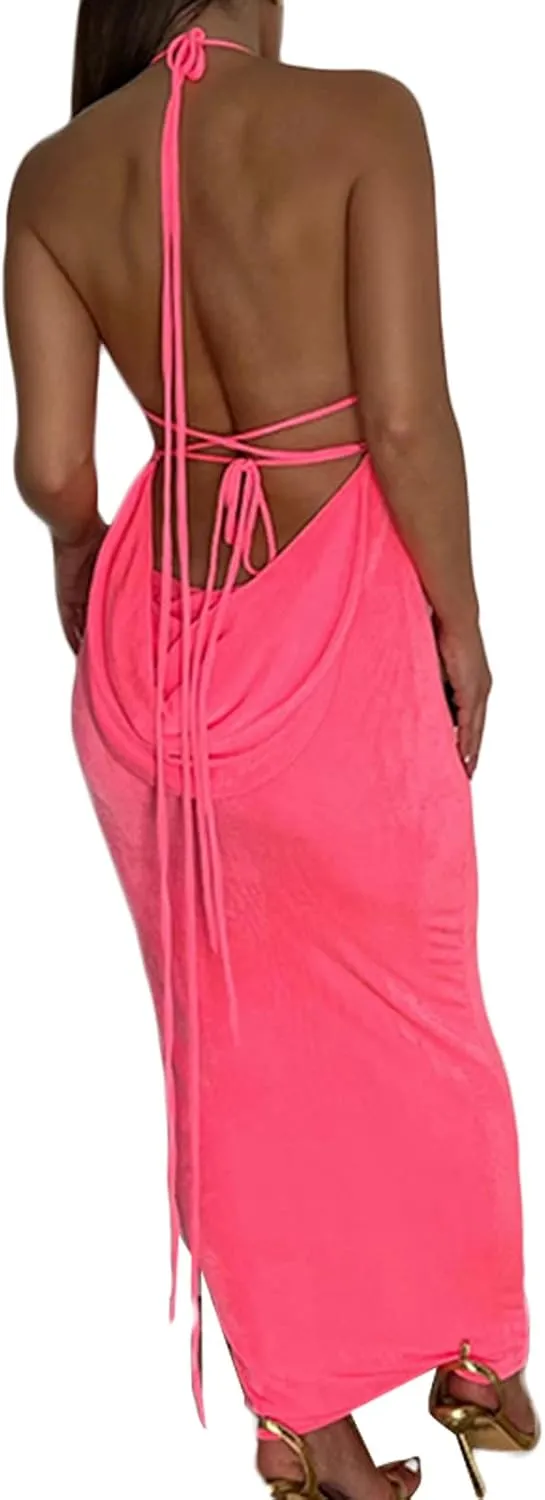 Women Sexy Spaghetti Strap Backless Maxi Dress Lace Up Bodycon Party Dress Bandage Halter Evening Club Dress