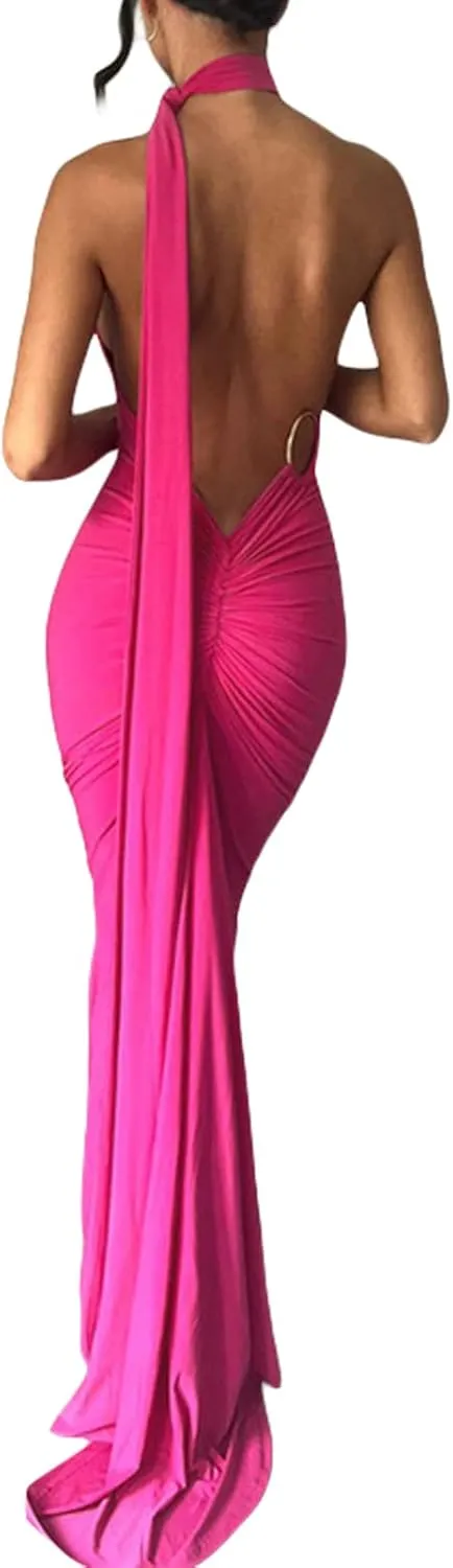 Women Sexy Spaghetti Strap Backless Maxi Dress Lace Up Bodycon Party Dress Bandage Halter Evening Club Dress