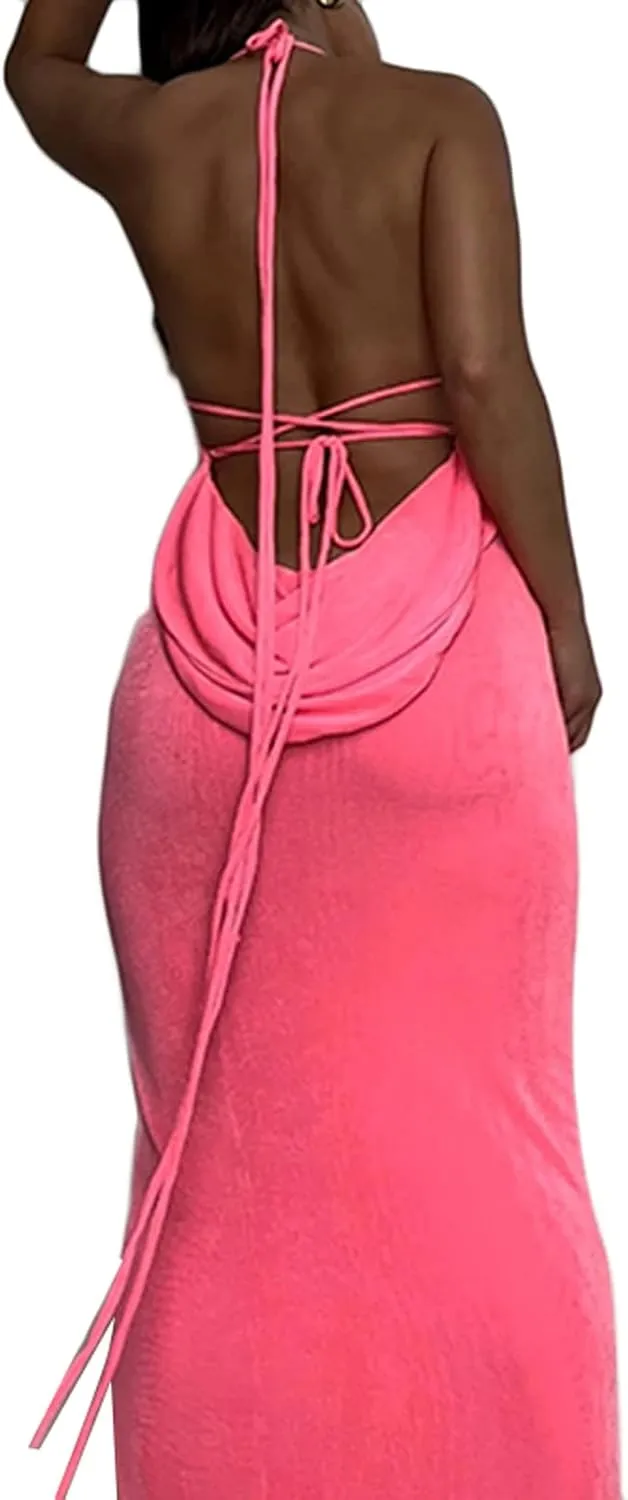 Women Sexy Spaghetti Strap Backless Maxi Dress Lace Up Bodycon Party Dress Bandage Halter Evening Club Dress
