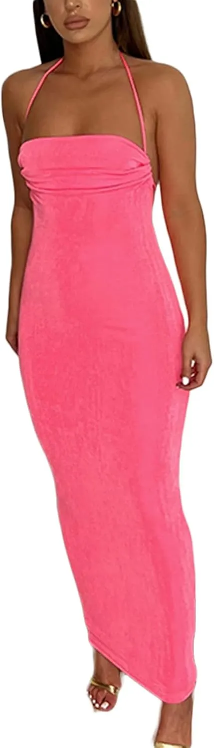 Women Sexy Spaghetti Strap Backless Maxi Dress Lace Up Bodycon Party Dress Bandage Halter Evening Club Dress