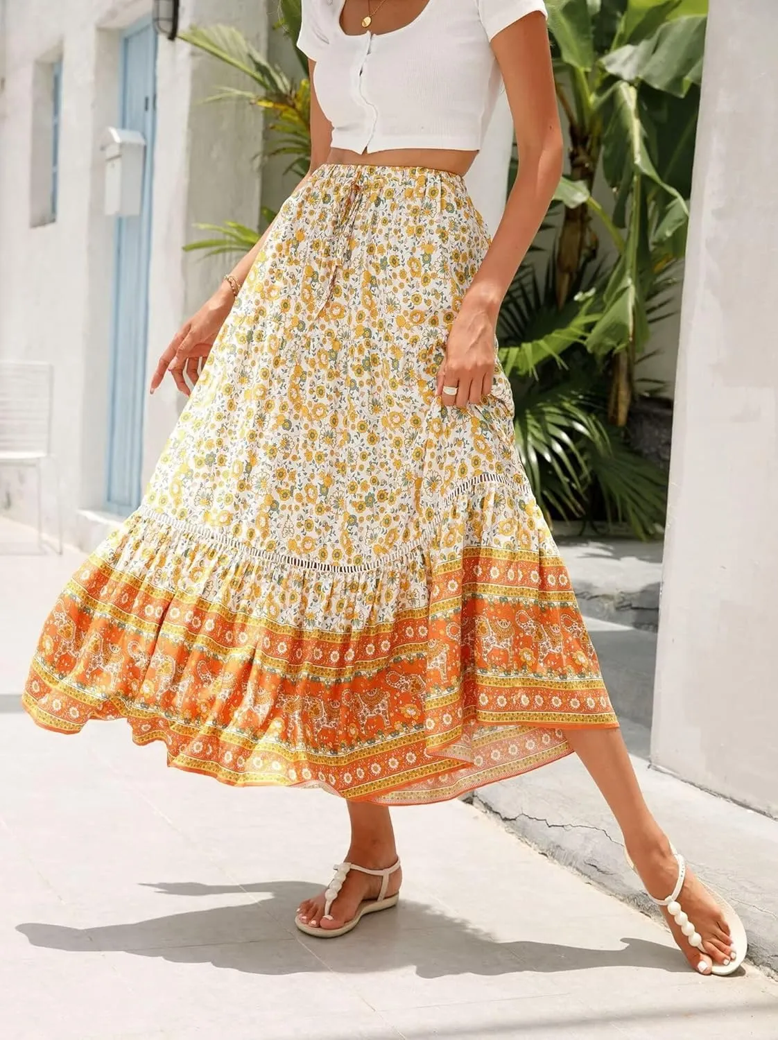 Women's 2025 Spring Summer Boho Floral Elastic Waist Flowy Swing Pleated A Line Long Maxi Beach Skirt