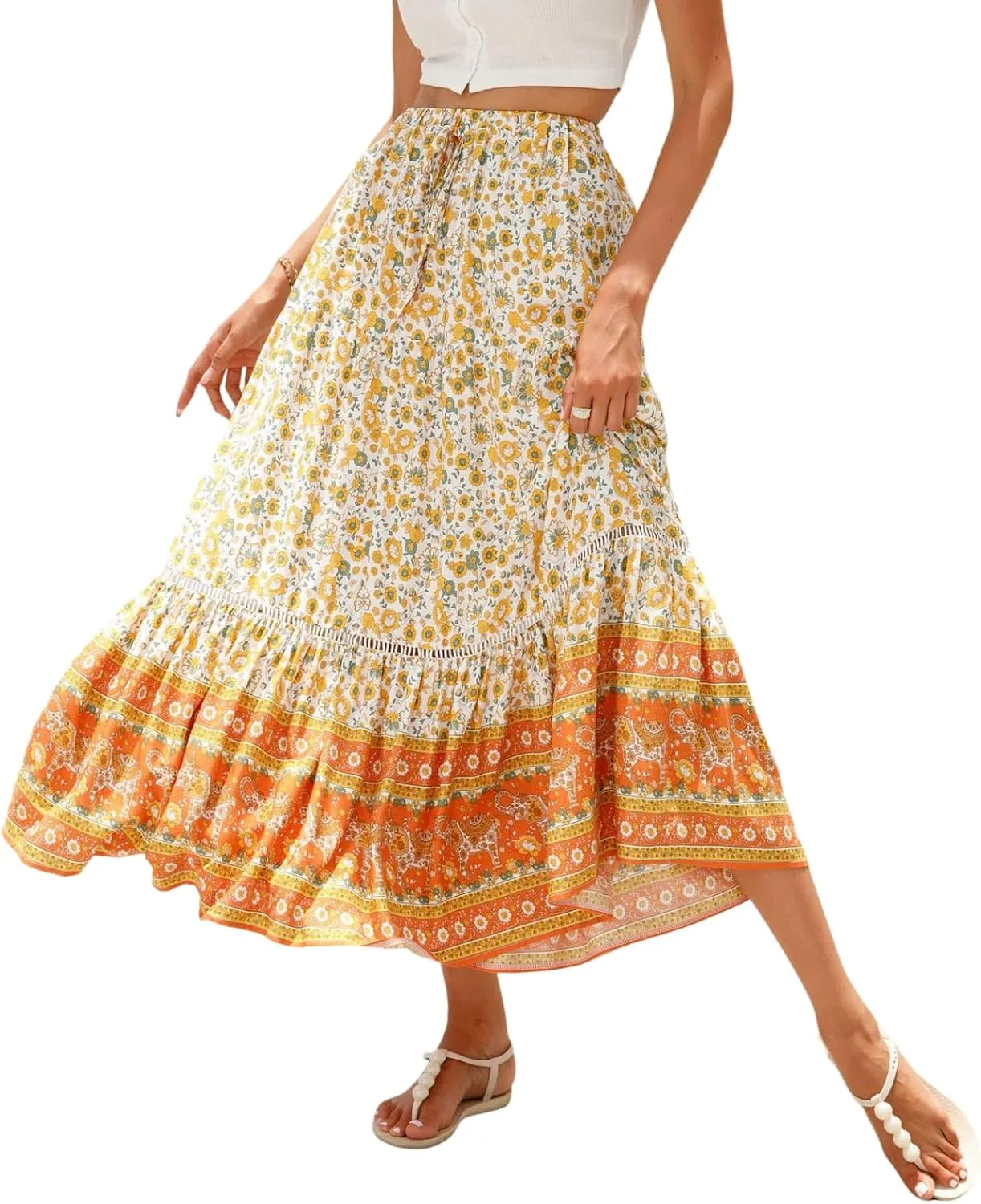 Women's 2025 Spring Summer Boho Floral Elastic Waist Flowy Swing Pleated A Line Long Maxi Beach Skirt