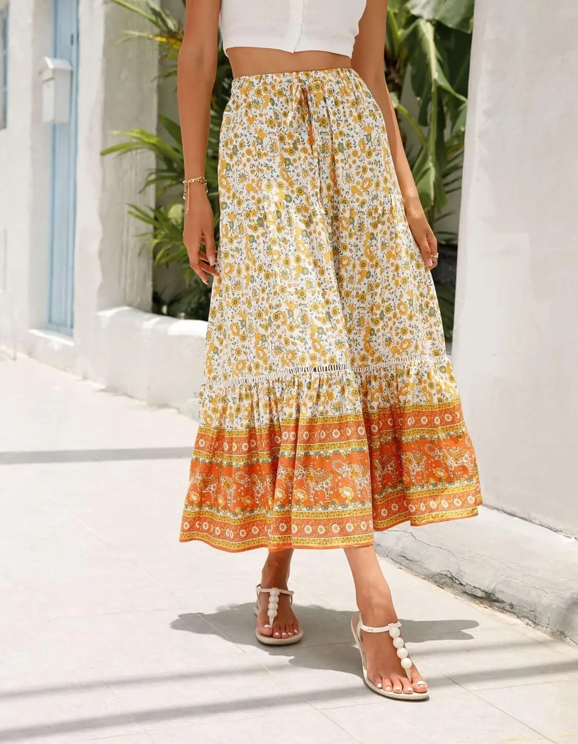Women's 2025 Spring Summer Boho Floral Elastic Waist Flowy Swing Pleated A Line Long Maxi Beach Skirt