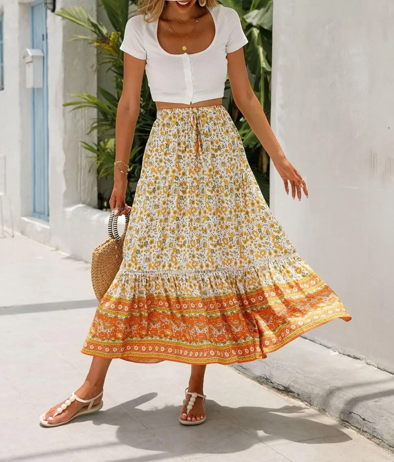 Women's 2025 Spring Summer Boho Floral Elastic Waist Flowy Swing Pleated A Line Long Maxi Beach Skirt