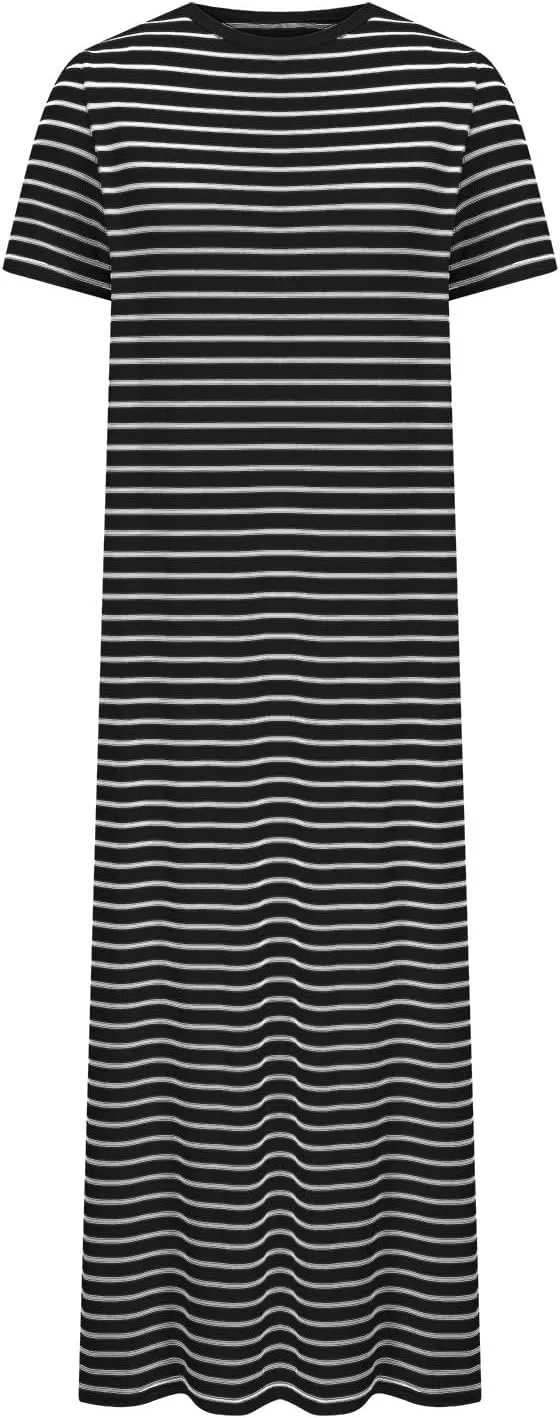 Women's 2025 Summer Striped Tshirt Dress Short Sleeve Causal Midi Dress Slim Fit Side Slit Vacation Long Dresses