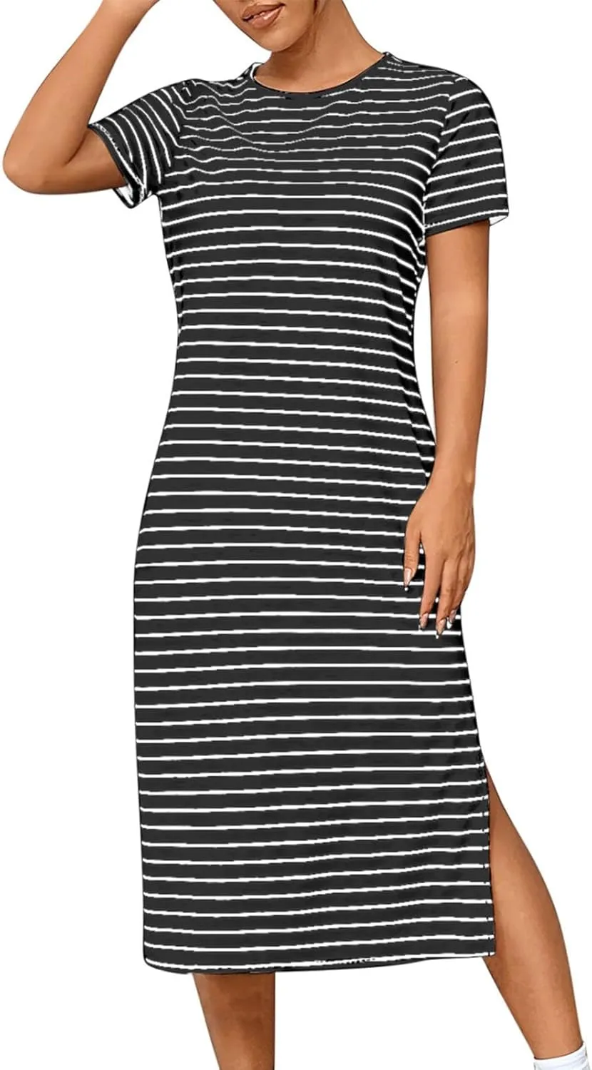 Women's 2025 Summer Striped Tshirt Dress Short Sleeve Causal Midi Dress Slim Fit Side Slit Vacation Long Dresses