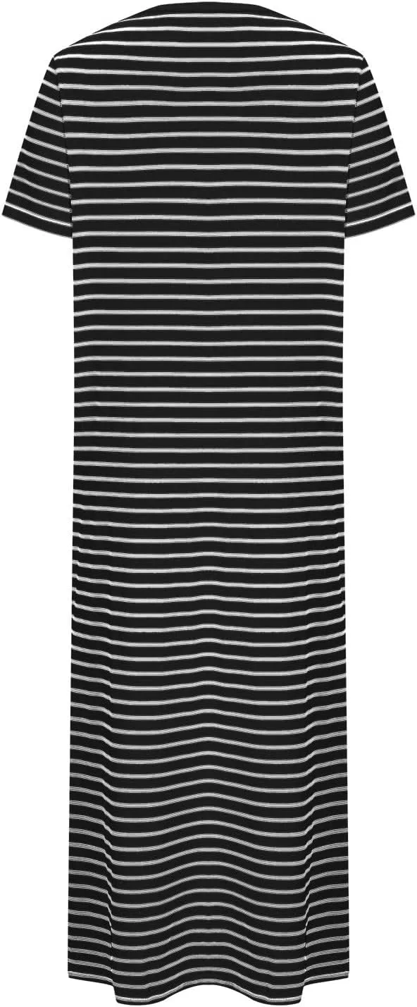 Women's 2025 Summer Striped Tshirt Dress Short Sleeve Causal Midi Dress Slim Fit Side Slit Vacation Long Dresses