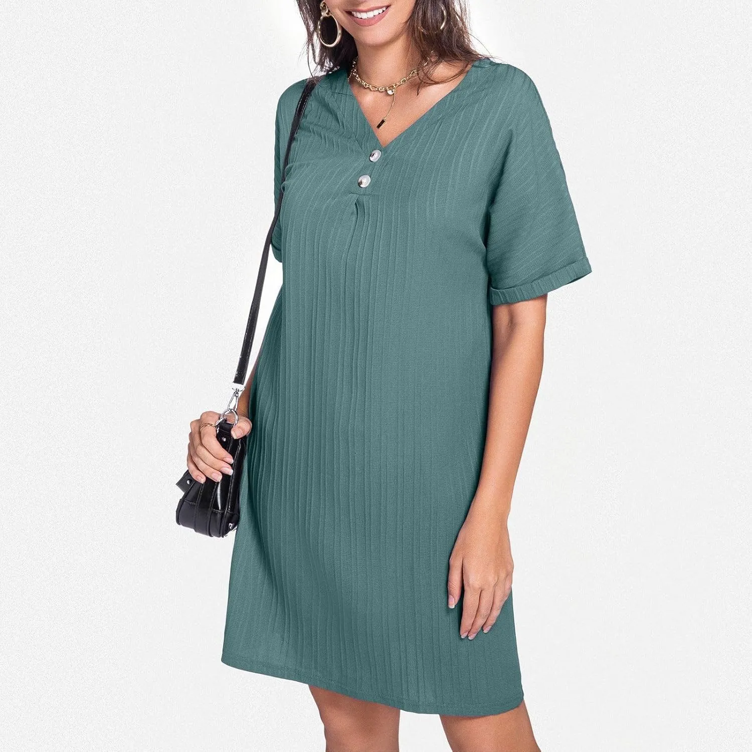 Womens Button Down Shirt Dresses Summer Cotton Linen Dress V-Neck Mini Dress Casual Short Sleeve Loose Tunic Dresses