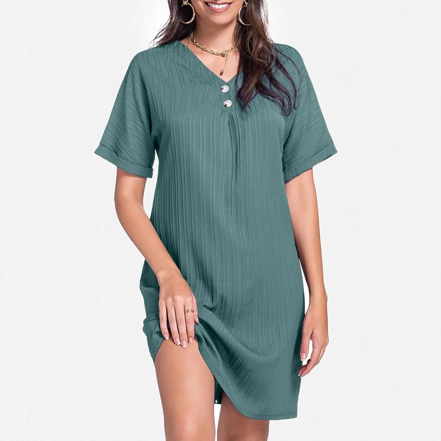 Womens Button Down Shirt Dresses Summer Cotton Linen Dress V-Neck Mini Dress Casual Short Sleeve Loose Tunic Dresses